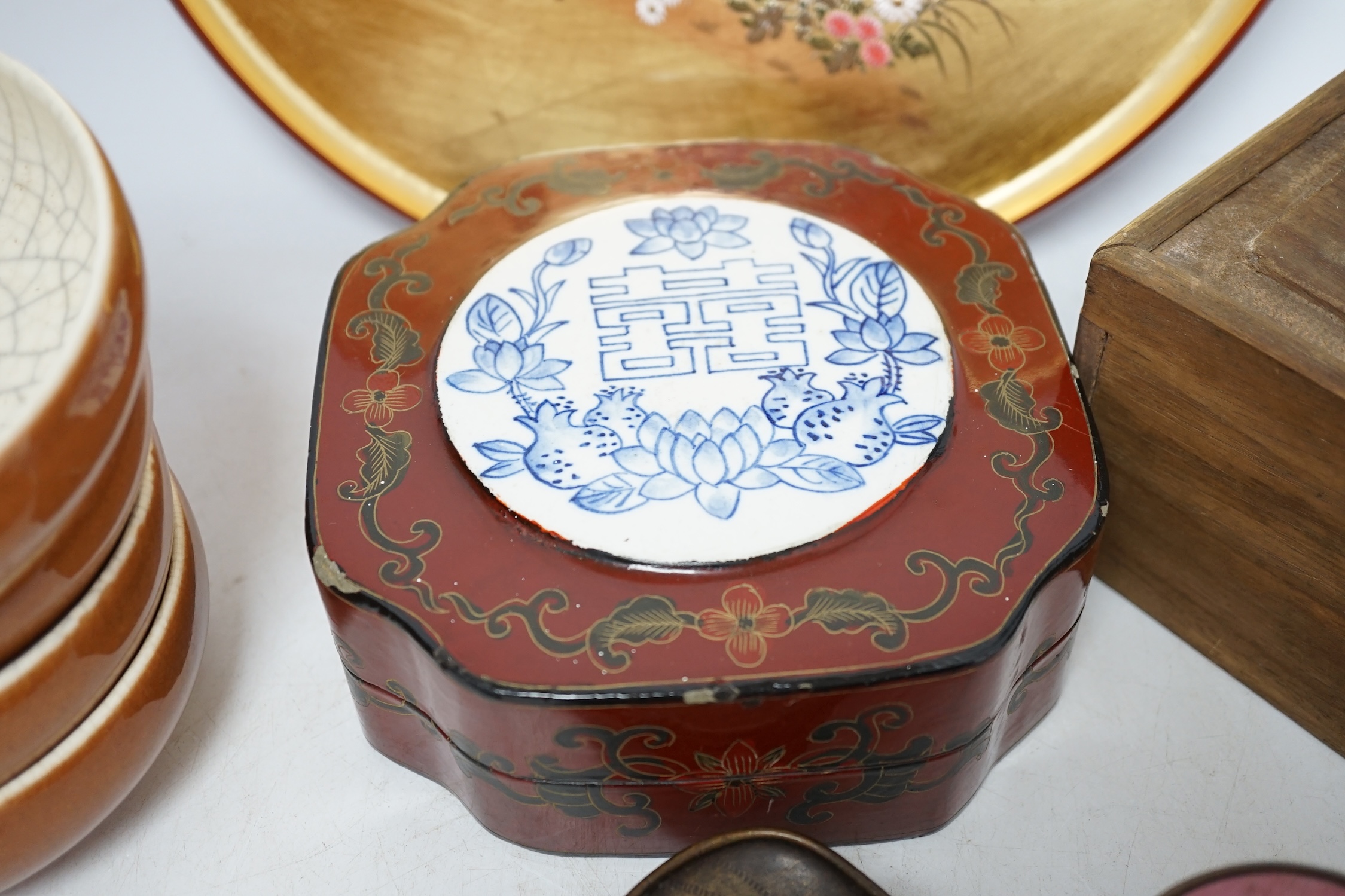 A quantity of Chinese items including a Canton enamel cup, set of four crackle glazed bowls and a gilt tray decorated with flowers and quails, largest 30cm diameter. Condition - fair